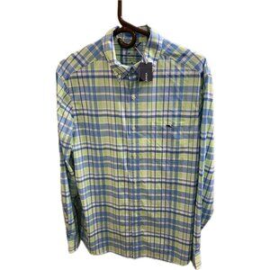 NWT Vineyard Vines Shirt Medium Blue Green OTG Plaid On The Go Button Up